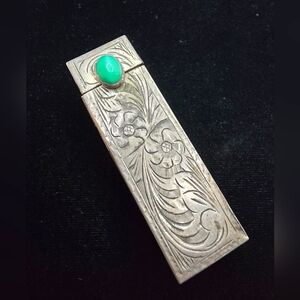 Vintage Italian Engraved 800 Silver Green Glass Lipstick Holder Mirror 50s 60s